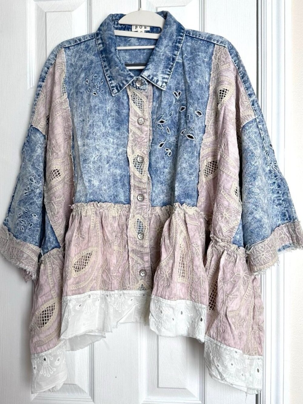 Pol Eyelet Ruffles Embroidered Crochet Patch Denim Jacket Relax Fit Size S M L - Picture 9 of 14